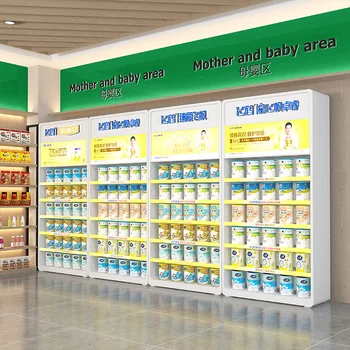 Stalak-izlog za trgovinu majke i djeteta u supermarketu, u jednom smjeru klinasto za suho mlijeko, odjeća za trudnice i bebe, promjer