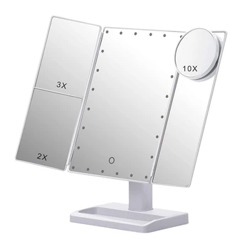 Трехстворчатое Ogledalo Za Šminkanje S 22 led žaruljama, 10 x/3-x/2-struko Povećanje, Prijenosni pregibno klizni Desktop Kozmetičko Ogledalo s pozadinskim osvjetljenjem