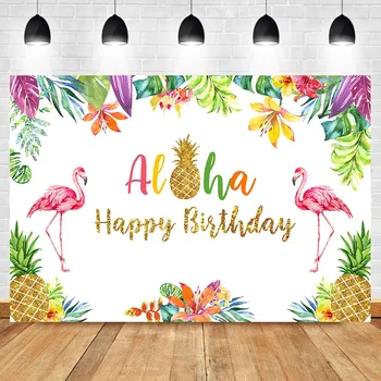 Pozadina za rođendan s kišnim flamingo, Aloha, Sretan rođendan, Zlatni ananas, pozadinu snimanja na Havajima, Dan rođenja