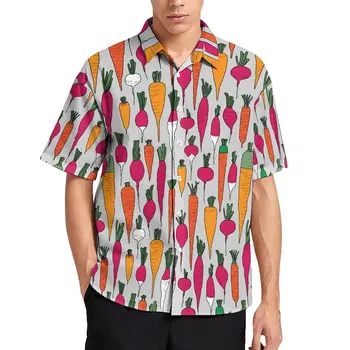 Plaža košulja s mrkvom i редисом, svježe povrće, Havajski svakodnevne košulje, muške košulje Y2K, dizajnersku odjeću kratkih rukava, velike dimenzije