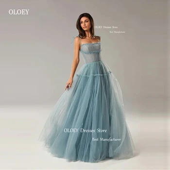 OLOEY Moderne prašnjav-plave, ružičaste čipke i duge haljine za maturalnu večer na tanke trake, multi-level večernje haljine, arabic donje večernja haljina