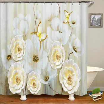3D Europska lijepe zavjese s cvjetnim ispis za kupatilo, vodootporan zavjese za tuširanje od poliestera, uređenje kuće, zavjese s kukicama