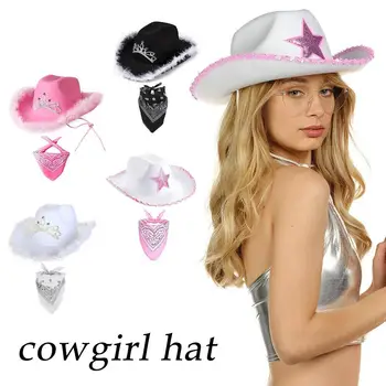Pink ženski kauboj šešir sa širokim poljima, kauboj šešir u stilu Western, kauboj odijelo, pink šešir s podesivim vezama na vratu