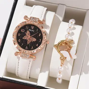 Ženski modni sat, set od 2 predmeta, kvarcni ručni satovi Luksuzni crystal, gorski kristal, biseri, kvarcni satovi, s kravatom, set za izradu narukvica
