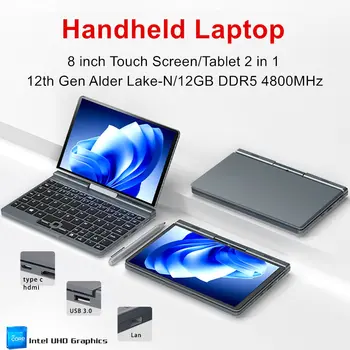12th General Mini Laptop Laptop 8-Inčni IPS zaslon Osjetljiv na Dodir, Intel N100 12G DDR5 Windows 11 Gaming Laptop Tablet 2 u 1 WiFi6 BT5.2