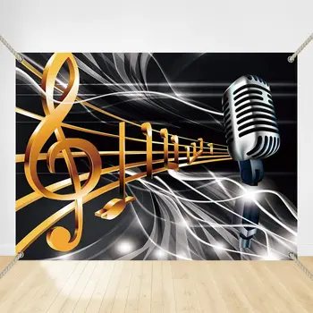 Pozadine za glazbene note, crni i zlatni mikrofon, pozadina za glazbene zurke, Dekor studio apstraktne umjetnosti, bakar люверсы, banner