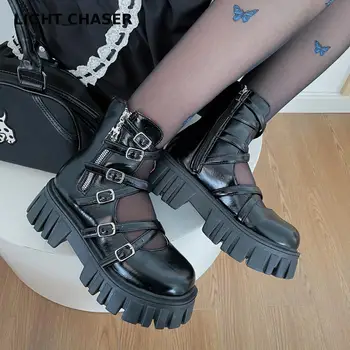 Nove ženske Čizme Botas, Moto Čizme Na танкетке, Ženske Čizme na platformu sa uvezivanje, Crne Kožne cipele-Oxfords, Ženske Cipele u stilu Punk, Mujer