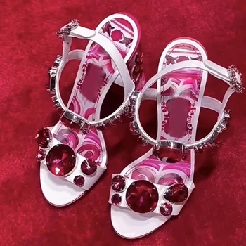 Ženske sandale na visoku petu s рубиновой 3D ispisa, ljeto 2023, ruža crvena porculana, kopča s otvorenim vrhom, ženske cipele na visoku petu
