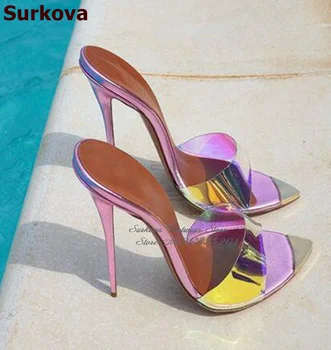 Суркова, pink hologram, koji se prelijeva papuče od PVC-a sa čeličnim vrhom, sandale na tankim visokim potpeticama, jasno modeliranje cipele s oštrim vrhom