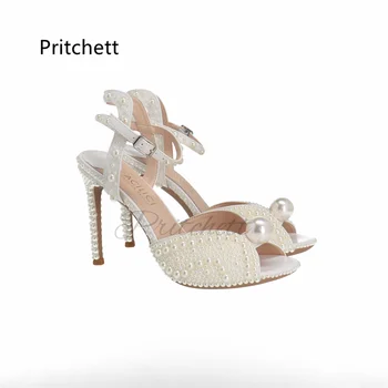 Bijeli biser sandale s oštrim vrhom, ženske kožne sandale na visokim potpeticama, elegantna ljetne cipele na ukosnica za žene, svadbene cipele za mladenke