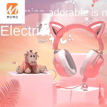 Slušalice s mačka neko ušima, slatka roza igraonica e-sportski slušalice, žičano djevojka s mikrofonom, slušalica