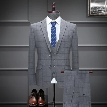 (Blazer + Prsluk + Hlače) High-end Moderan Muški Kockice Casual Poslovno odijelo Visoke klase, Društveni Službeni odijelo, 3 kom., Kit, Vjenčanja Mladoženja