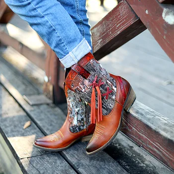 Berba čizme s po cijeloj površini srastanje za žene Ženske cipele od prave kože s patent-zatvarač na visoku petu debljine 3 cm i resama ženske cipele