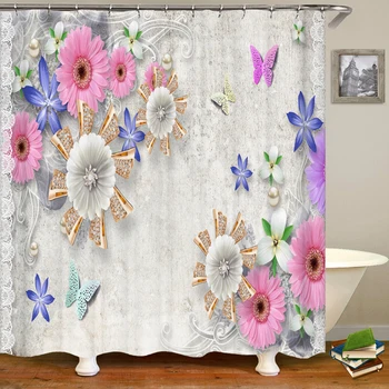 3D Europska lijepe zavjese s cvjetnim ispis za kupatilo, vodootporan zavjese za tuširanje od poliestera, uređenje kuće, zavjese s kukicama