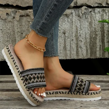 Casual cipele bez spajala na debelom танкеточном petu, berba plaža papuče s geometrijom tkanja u etničkom stilu, ljetne ženske sandale s otvorenim vrhom