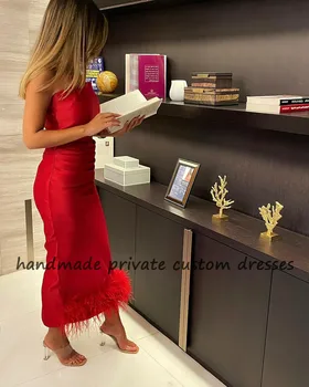 Crvene Haljine Sirena S Naborima Od Perja, Атласное Haljinu Bez Naramenica u Саудовском Arapskom Stilu za Vjenčanje Aktivnosti, Elegantnih Večernjih Haljina Čaj Duljine