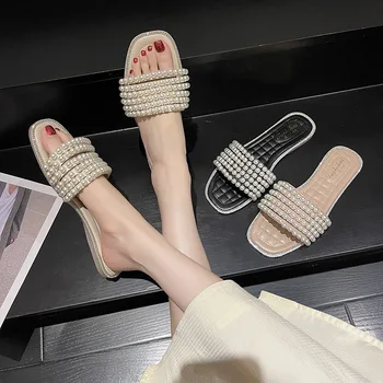 Ženske papuče 2023 Nove papuče s umjetnim biserima i šljokicama ravnim cipelama, ljetna svakodnevni prozračna mondeno cipele
