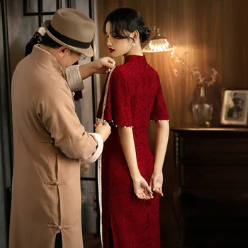 Kineski tradicionalni vjenčanje tost Cheongsam 2023 Novi proljetni temperament Poboljšano Crveno službeni duge koktel haljina za zaruka Qipao