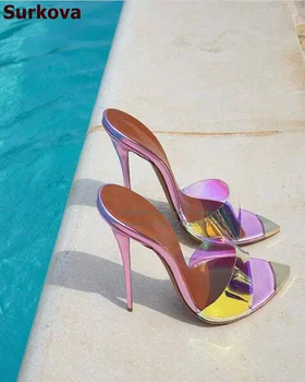 Суркова, pink hologram, koji se prelijeva papuče od PVC-a sa čeličnim vrhom, sandale na tankim visokim potpeticama, jasno modeliranje cipele s oštrim vrhom