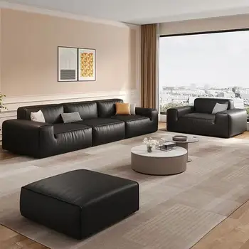 Talijanski minimalistički kožni kauč, ljetna slika, kauč, blok crne tofu, velika crna krava, originalni kauč