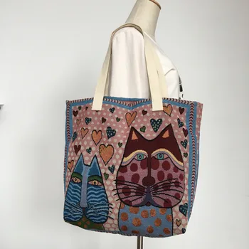 Novi nacionalni stil, etnička холщовая torba za shopping, dizajn s vezom u retro stilu, moderan torba-тоут s po cijeloj površini mačka, torba preko ramena, torbe pješčane boje