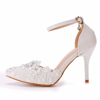 Kristalna kraljica, ženske sandale s biserima i šljokicama, bijele čipke sandale na tankim visokim potpeticama, ljetne cipele, čamaca, večernja ženske haljine, cipele za vjenčanje