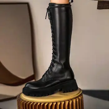 Ženske cipele; Voditelj prodaje 2023 godine; Ženske čizme do koljena; Moderne čizme od umjetne kože; Ženske cipele na zatvarač sa strane s okruglim vrhom čipka-up; ženske cipele na petu s ažur završiti