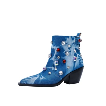 Ženske jesensko-zimske čizme od trapera sa štrasom na bruto petu s oštrim vrhom, ukusan trendy cipele na debelom visoke potpetice Four Seasons