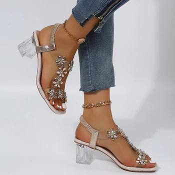 2023 Ljetne nove ženske sandale od PVC-a sa dekoracijom u obliku kristala, ženske sandale s remenom na masivnim peta, ženska elegantna mondeno cipele, ženska