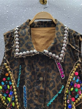 Šik kolaž леопардовые prsluk s dijamantima, ženski prsluk s igle, bez rukava, neobrađeni rub, svakodnevne slobodne jakne, ženske modne odjeće
