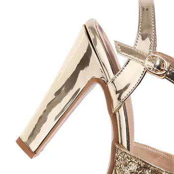 Elegantne ženske sandale od umjetne kože sa srebrnim ogledalom, vezen zlatnim šljokicama, na visokoj masivnim petu, vjenčanje college, uredski ženske cipele na platformu s remenom na щиколотке
