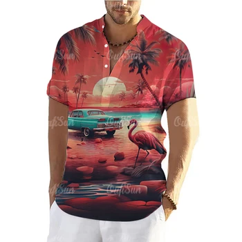 Plaža Košulja Sunset Za Muškarce, Majica Kratkih Rukava i 3D Ispis Flamingo, Funky Košulja Henley, Slobodan Udobne Majice, Havajski Muške Košulje