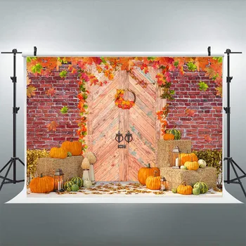 Jesen pozadina za fotografiranje na Dan zahvalnosti, rustikalni zid od crvene cigle, drvarnica, pozadina za žetvu, jesenje bundeve, javor lišće, rekvizite za fotografiju pucati