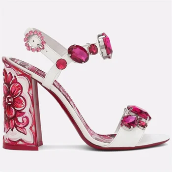 Ženske sandale na visoku petu s рубиновой 3D ispisa, ljeto 2023, ruža crvena porculana, kopča s otvorenim vrhom, ženske cipele na visoku petu
