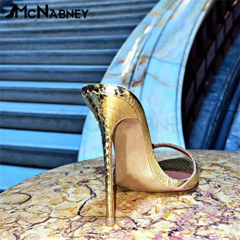 Zlatne papuče od krokodilske kože, ljetne cipele na ukosnica s oštrim vrhom, udobnu obuću, ukusan trendi sandale, ženske papuče na visoku petu