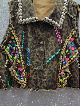 Šik kolaž леопардовые prsluk s dijamantima, ženski prsluk s igle, bez rukava, neobrađeni rub, svakodnevne slobodne jakne, ženske modne odjeće