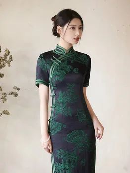 Yourqipao 2023 Jesenski Nova Moda Klasicni Kineska Duga Zelena Tradicionalna Haljina Srednje dobi Cheongsam Za žene Hanfu Tang Odijelo