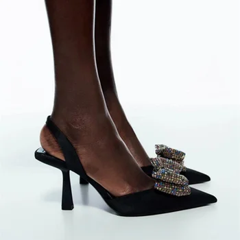 2023 Ljetne nove luksuzne ženske sandale na visoku petu sa sjajnim šljokicama, trendy ženske sandale s oštrim luk i čvor bez kopče