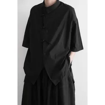 2023 Ljetnim pamučne lanene košulje u kineskom stilu crne boje kratkih rukava za muškarce, starinski odijelo Tan, top, tradicionalni bluza, plus veličina 5xl