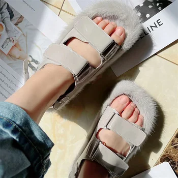 Ženske krzna papuče, Trendi Sandale od mink Na debelim potplatima, Jesensko-Zimske Ženske Kvalitetne Ulične Svakodnevne Sandale