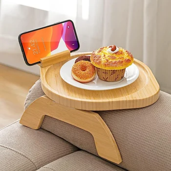 Bambus pladanj za kauč, stolni spojnica na strani stol, naslon za ruke kauča s rotirajućim na 360 ° držačem mobilnog telefona, pladanj za naslon za ruke kauča