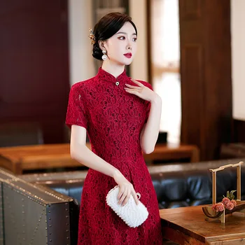 Nove Crvene Haljine Ципао kratkih rukava, Poboljšano je Suptilna vjenčanicu Trapeznog oblika U Kineskom stilu, Elegantan Čipke Чонсам u Retro stilu, Vestidos