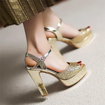 Elegantne ženske sandale od umjetne kože sa srebrnim ogledalom, vezen zlatnim šljokicama, na visokoj masivnim petu, vjenčanje college, uredski ženske cipele na platformu s remenom na щиколотке