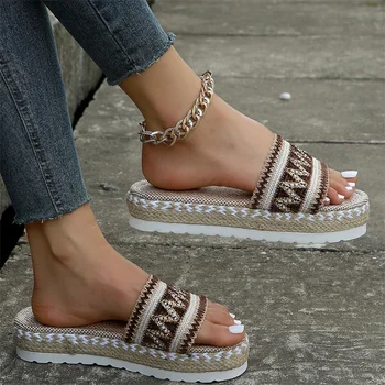 Casual cipele bez spajala na debelom танкеточном petu, berba plaža papuče s geometrijom tkanja u etničkom stilu, ljetne ženske sandale s otvorenim vrhom