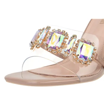 Luksuzni papuče s metalnom kopčom s velikim dijamantom, ženske sandale na masivnim potpeticama, elegantna kvadratnom čarapa, nove ljetne večernje cipele za mladenke, ženska tobogan