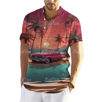 Plaža Košulja Sunset Za Muškarce, Majica Kratkih Rukava i 3D Ispis Flamingo, Funky Košulja Henley, Slobodan Udobne Majice, Havajski Muške Košulje