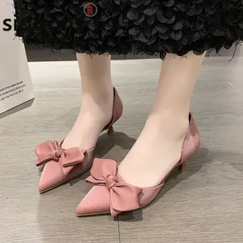 Ljetni roza ženske večernje sandale na srednje potpetice, trendy ženske sandale ukosnica s oštrim luk, ukrašenim lukom, ženske sandale