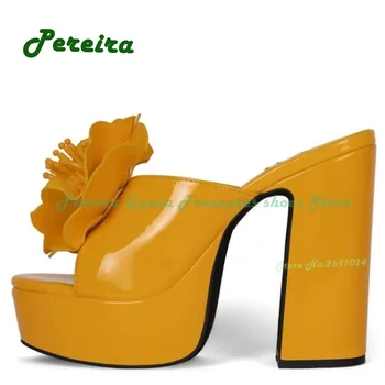 Žute sandale na masivnoj platformi s otvorenim vrhom u cvijetu, sjajne čvrste ljetne ženske papuče bez spojnica, elegantne cipele za stranke, spicy