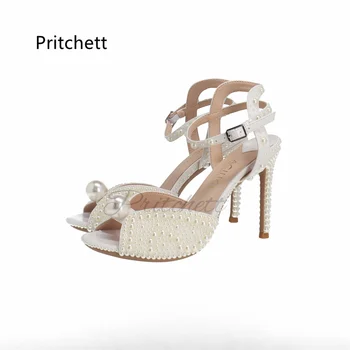 Bijeli biser sandale s oštrim vrhom, ženske kožne sandale na visokim potpeticama, elegantna ljetne cipele na ukosnica za žene, svadbene cipele za mladenke