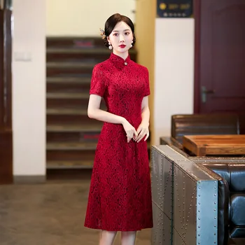 Nove Crvene Haljine Ципао kratkih rukava, Poboljšano je Suptilna vjenčanicu Trapeznog oblika U Kineskom stilu, Elegantan Čipke Чонсам u Retro stilu, Vestidos